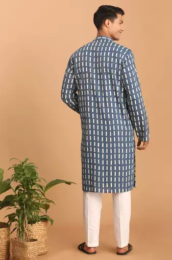 Indigo Blue And White Cotton Kurta And Pyjama Set