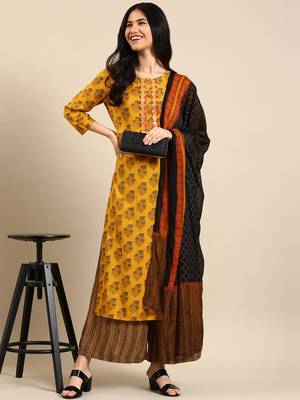women's round neck floral block print yellow straight kurta and palazzos with dupatta 5