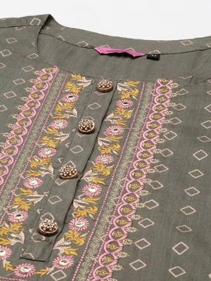 women's round neck geometric foil print olive straight kurta and palazzos with dupatta 2