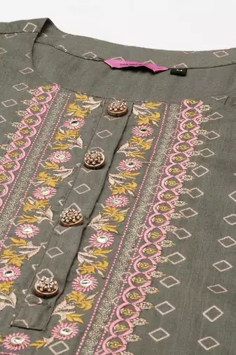 women's round neck geometric foil print olive straight kurta and palazzos with dupatta