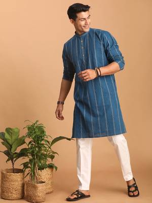 Indigo Blue Cotton Kurta And Pyjama Set 1