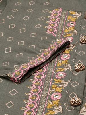 women's round neck geometric foil print olive straight kurta and palazzos with dupatta 3