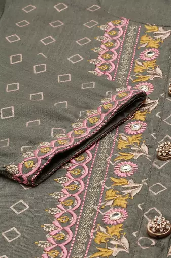 women's round neck geometric foil print olive straight kurta and palazzos with dupatta