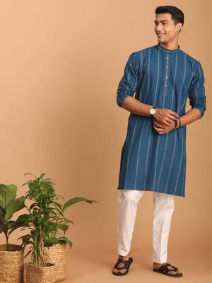 Indigo Blue Cotton Kurta And Pyjama Set 2