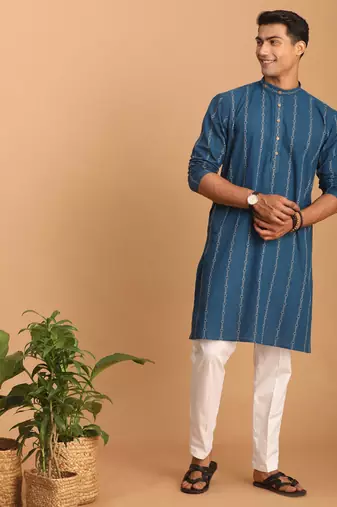 Indigo Blue Cotton Kurta And Pyjama Set