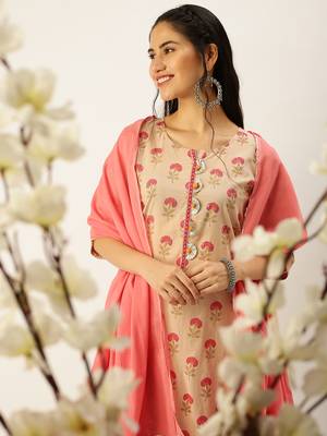 women's round neck ethnic motifs block print peach straight kurta and trouser with dupatta 1