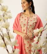 women's round neck ethnic motifs block print peach straight kurta and trouser with dupatta