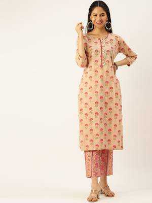 women's round neck ethnic motifs block print peach straight kurta and trouser with dupatta 2