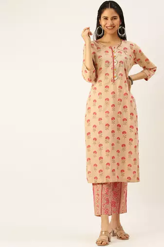 women's round neck ethnic motifs block print peach straight kurta and trouser with dupatta