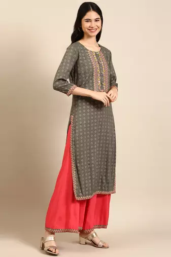 women's round neck geometric foil print olive straight kurta and palazzos with dupatta