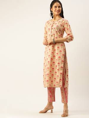 women's round neck ethnic motifs block print peach straight kurta and trouser with dupatta 3
