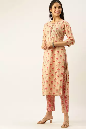 women's round neck ethnic motifs block print peach straight kurta and trouser with dupatta