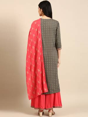 women's round neck geometric foil print olive straight kurta and palazzos with dupatta 5