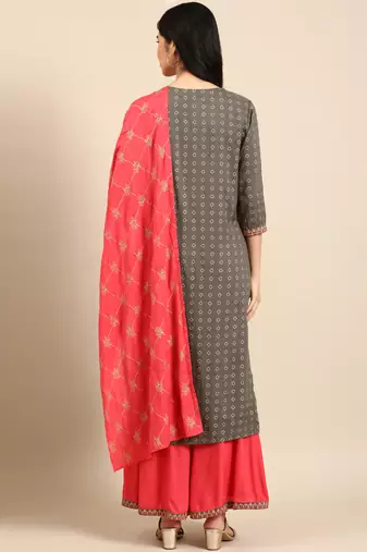 women's round neck geometric foil print olive straight kurta and palazzos with dupatta