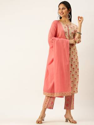 women's round neck ethnic motifs block print peach straight kurta and trouser with dupatta 4
