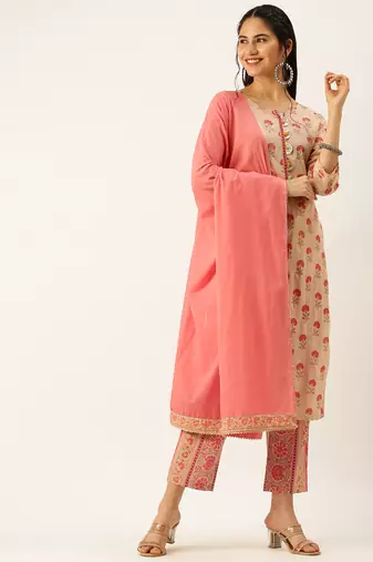 women's round neck ethnic motifs block print peach straight kurta and trouser with dupatta