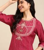 women's round neck ethnic motifs ajrakh pink straight kurta and trouser