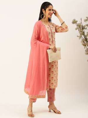 women's round neck ethnic motifs block print peach straight kurta and trouser with dupatta 5