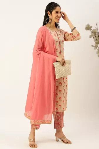 women's round neck ethnic motifs block print peach straight kurta and trouser with dupatta