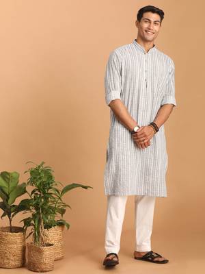 Grey And White Cotton Kurta And Pyjama Set 1