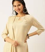 Showoff women's keyhole neck solid beige straight kurta and palazzos with dupatta