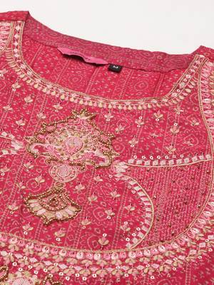 women's round neck ethnic motifs ajrakh pink straight kurta and trouser 2
