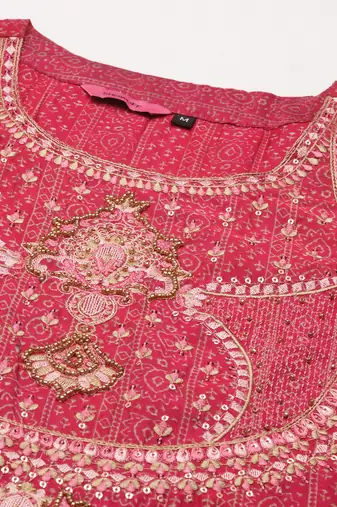 women's round neck ethnic motifs ajrakh pink straight kurta and trouser