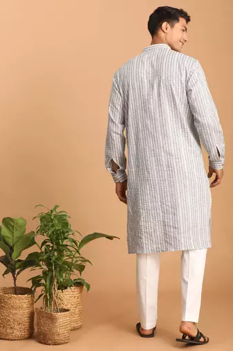 Grey And White Cotton Kurta And Pyjama Set