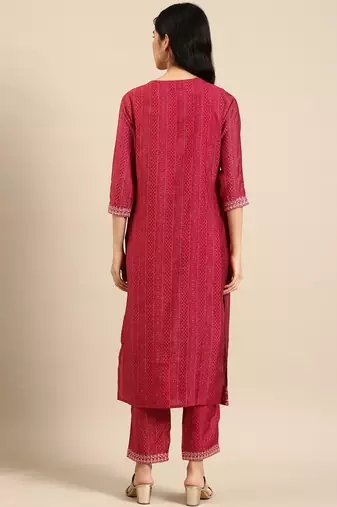 women's round neck ethnic motifs ajrakh pink straight kurta and trouser