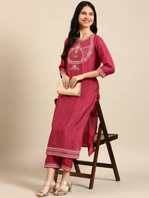women's round neck ethnic motifs ajrakh pink straight kurta and trouser 5