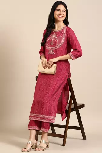 women's round neck ethnic motifs ajrakh pink straight kurta and trouser