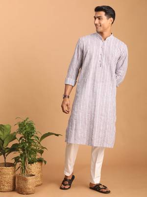 Purple And White Cotton Kurta And Pyjama Set 2