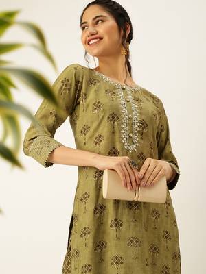 women's round neck ethnic motifs foil print olive straight kurta and trouser 1
