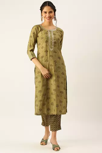 women's round neck ethnic motifs foil print olive straight kurta and trouser