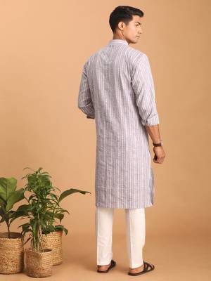 Purple And White Cotton Kurta And Pyjama Set 3
