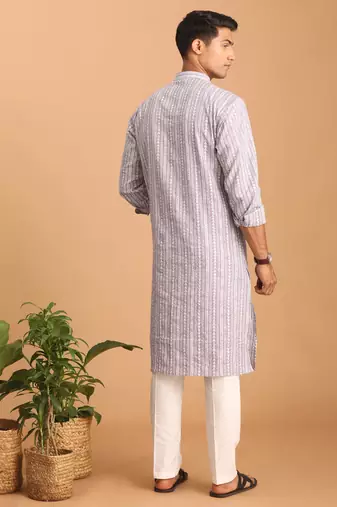 Purple And White Cotton Kurta And Pyjama Set