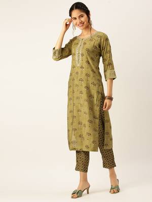 women's round neck ethnic motifs foil print olive straight kurta and trouser 3