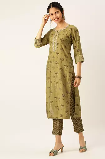 women's round neck ethnic motifs foil print olive straight kurta and trouser