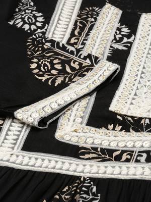 women's round neck floral black straight kurta and palazzos 3