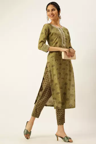 women's round neck ethnic motifs foil print olive straight kurta and trouser