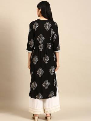 women's round neck floral black straight kurta and palazzos 4
