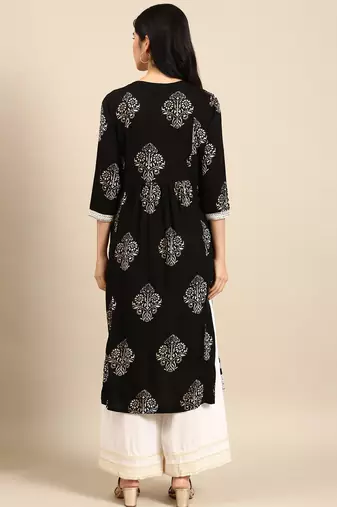 women's round neck floral black straight kurta and palazzos
