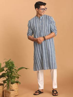 Indigo Blue And White Cotton Kurta And Pyjama Set 1