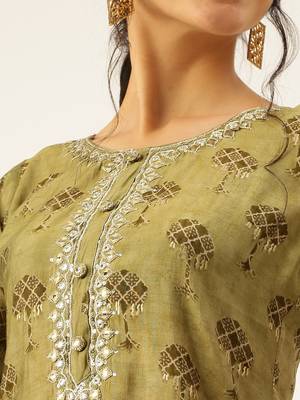 women's round neck ethnic motifs foil print olive straight kurta and trouser 5