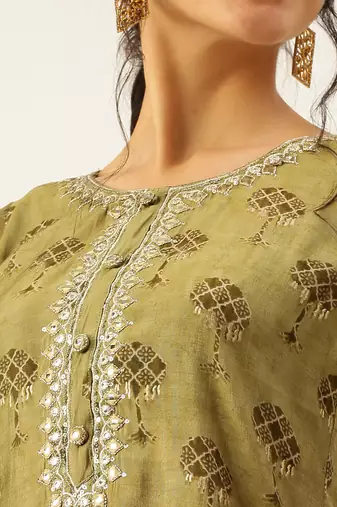 women's round neck ethnic motifs foil print olive straight kurta and trouser