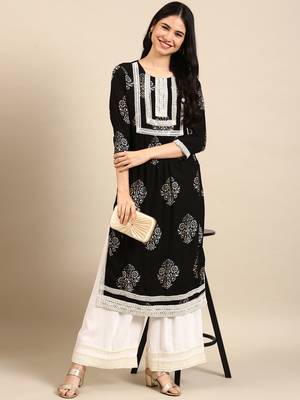 women's round neck floral black straight kurta and palazzos 5