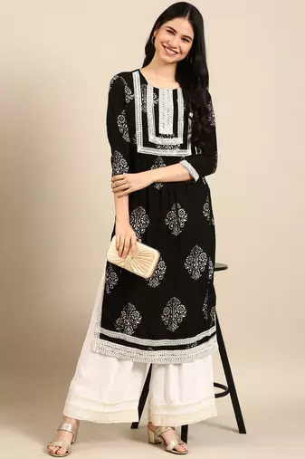 women's round neck floral black straight kurta and palazzos