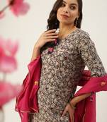 women's tie-up neck abstract block print beige straight kurta and sharara with dupatta