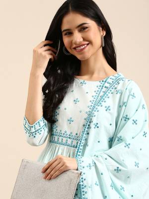 women's round neck solid blue straight kurta and trouser with dupatta 1