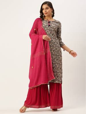 women's tie-up neck abstract block print beige straight kurta and sharara with dupatta 2